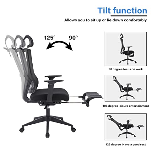 Ergonomic Office Chair, Computer Desk Chair with Adjustable Headrest, Lumbar Support and footrest, Tilt Function and Blade Wheels Mesh, Computer Chair, Gaming Chairs, Executive Swivel Chair