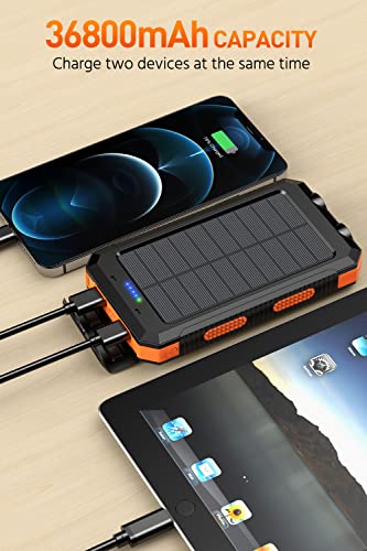 Power-Bank-Portable-Charger-Solar - 36800mAh Waterproof Portable External Backup Battery Charger Built-in Dual QC 3.0 5V3.1A Fast USB and Flashlight for All Phone and Electronic Devices (Orange)