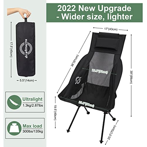 Drafitorts Ultralight Camping Chair, Compact Portable High-Back Foldable Chair with Headrest, Extra Inflatable Pillow & Carry Bag for Camping Fishing Backpacking Lawn & Beach