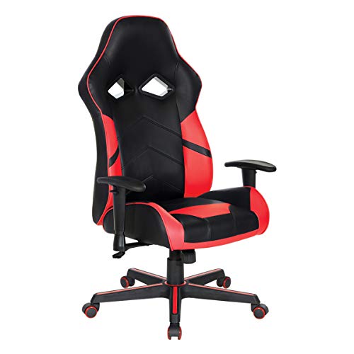 OSP Home Furnishings Vapor Ergonomic Adjustable High Back Faux Leather Gaming Chair with Coil Spring Seat and Integrated Cooling Airflow, Red Accents