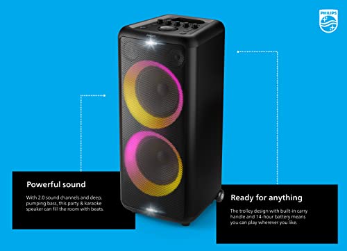 Philips X5206 Bluetooth Party Speaker with Extra bass, Up to 14 Hours Battery, Party Lights and Karaoke Effects, Microphone and Guitar Input, Audio-in, USB Charging, Built-in Carry Handle, TAX5206