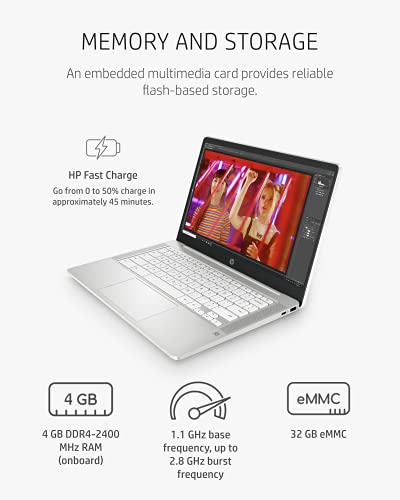 HP Chromebook 14 Laptop, Intel Celeron Processor, 4 GB RAM, 32 GB eMMC, 14” FHD (1920 x 1080) Chrome OS, Webcam & Dual Mics, Work, Entertainment, School, Long Battery Life (14a-na0170nr, 2021)