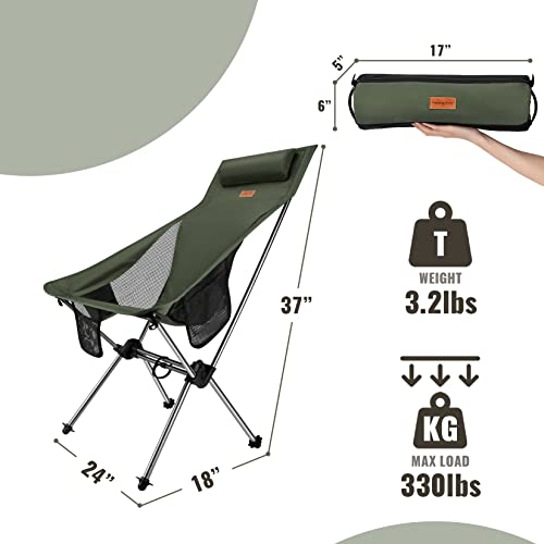 Matekxy High Back Camping Chair Lightweight Portable Folding Chair with Pillow, Side Pocket, Carry Bag for Outdoor Camping Fishing Backpacking Lawn & Beach (Army Green)