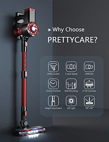 PRETTYCARE Cordless Vacuum Cleaner, 180W Powerful Suction Stick Vacuum with 30min Long Runtime Detachable Battery, 4 in 1 Lightweight Quiet Vacuum Cleaner Perfect for Hardwood Floor Pet Hair, W100