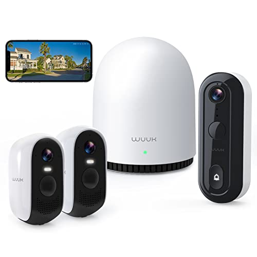 Wireless Home Security System: 2 Security Cameras + Doorbell Camera+ WUUK Base Station, 2K Resolution, Color Night Vision, 2-Way Audio, No Monthly Fee, Google & Alexa Compatible
