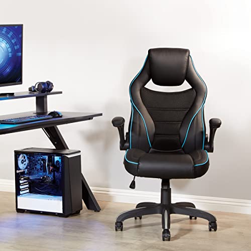 OSP Home Furnishings Xeno Ergonomic Adjustable Faux Leather Gaming Chair with Integrated Headrest and Airflow Cooling Material, Black with Blue Accents