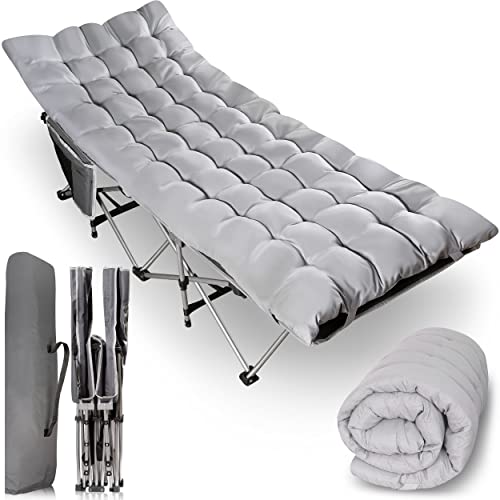 Zone Tech Folding Outdoor Camping Travel Cot and Cot Pad - Classic Grey Quality Lightweight Portable Heavy Duty Adult & Kids Travel Cot w/Large Pocket and Cushion Perfect for Hiking, Camping