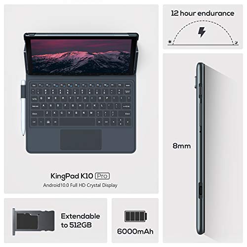 VASTKING KingPad K10 Pro 10.1" Octa-Core Tablet, 4GB RAM, 64GB Storage, Android 10, 1920x1200 Tablet with Keyboard and Stylus Pen, 60Hz Screen Rate, 13MP Rear Camera, 5G WiFi, GPS, Silver Grey