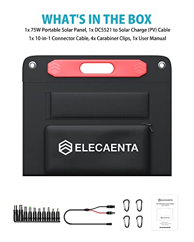 ELECAENTA 75W Portable Solar Panel for Power Station, Foldable Kickstand Monocrystalline Solar Charger, IPX5 Waterproof for Outdoors Camping Off Grid
