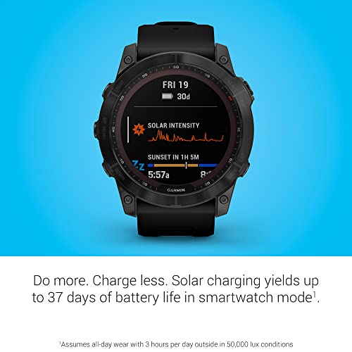 Garmin fenix 7X Sapphire Solar, Larger adventure smartwatch, with Solar Charging Capabilities, rugged outdoor watch with GPS, touchscreen, wellness features, carbon gray DLC titanium with black band