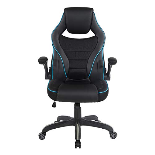 OSP Home Furnishings Xeno Ergonomic Adjustable Faux Leather Gaming Chair with Integrated Headrest and Airflow Cooling Material, Black with Blue Accents