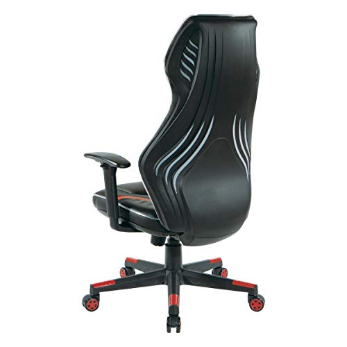 OSP Home Furnishings Rogue High-Back LED Lit Gaming Chair, Black Faux Leather with Red Trim and Accents