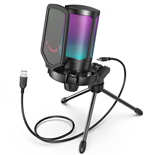 Gaming USB Microphone for PC PS5, FIFINE Condenser Mic with Quick Mute, RGB Indicator, Tripod Stand, Pop Filter, Shock Mount, Gain Control for Streaming Discord Twitch Podcasts Videos- AmpliGame