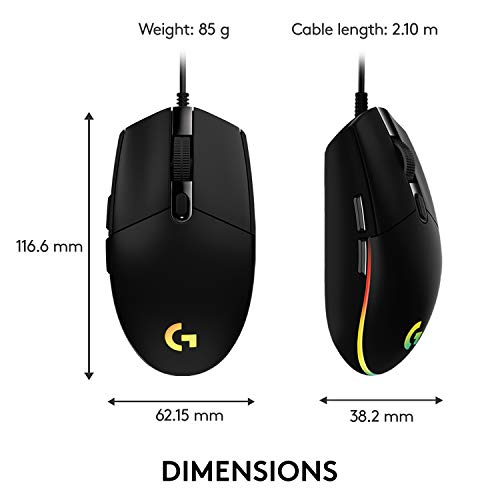 Logitech G203 Wired Gaming Mouse, 8,000 DPI, Rainbow Optical Effect LIGHTSYNC RGB, 6 Programmable Buttons, On-Board Memory, Screen Mapping, PC/Mac Computer and Laptop Compatible - Black