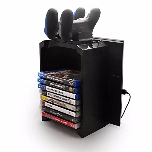 Amever-PS4 Storage Tower Holder Stand & Dual Charger Dock for Sony Dualshock 4 Controller/Gamepad Joystick - Playstation 4 Console Controllers Charging Station - Stores 12 Games - Playstation 4