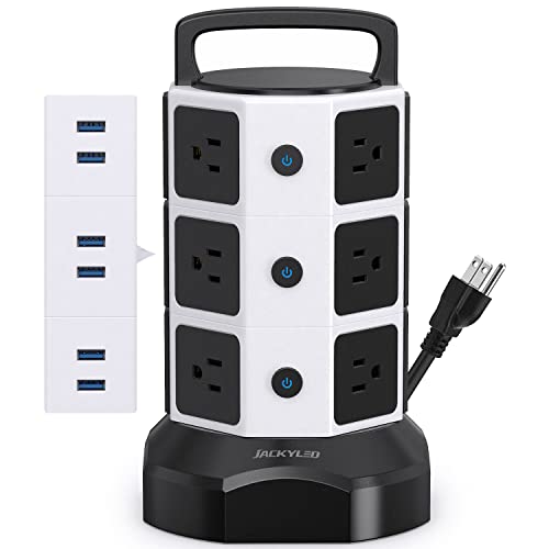 Power Strip Tower Surge Protector, JACKYLED 1625W 13A Outlet Surge Electric Tower, 12 Outlets 6 USB Ports Charging Station with 16AWG 6.5ft Heavy Duty Extension Cord for Home Office Dorm