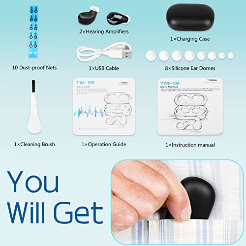 KIBVOE Hearing Aids for Seniors Rechargeable with Noise Cancelling, Hearing Amplifier for Adults with Severe Hearing Loss, 8 Channels Digital Sound Process with Smart Touch Control and Auto On & Off (mini Black, Pair)