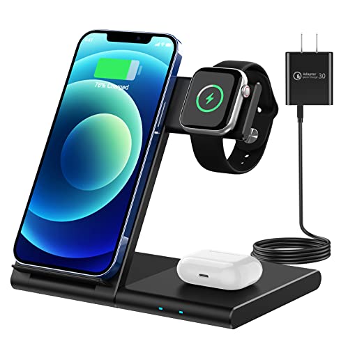 WATOE Wireless Charger Foldable 3 in 1 Charging Station,Compatible with iPhone 13/12 Pro/SE/11/11 Pro Max/X/XS/XR/Xs Max/8 Plus/Samsung Galaxy, for Apple Watch Series 7/6/SE/5/4/3/2/AirPods Pro/2/3