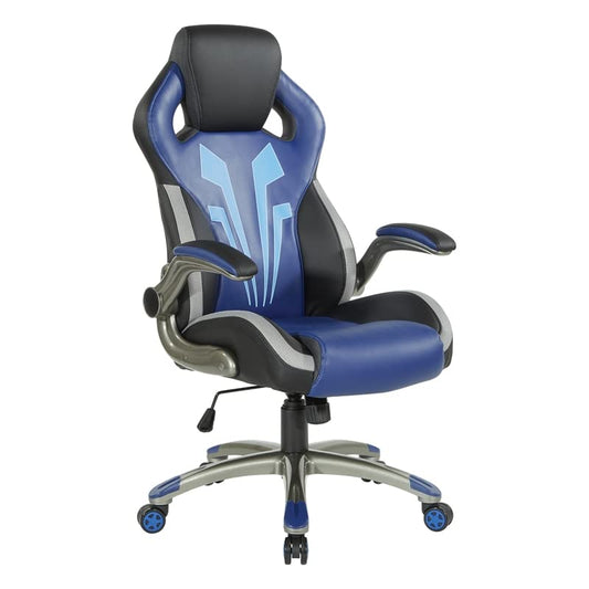 OSP Home Furnishings Ice Knight Ergonomic Adjustable High Back Faux Leather Gaming Chair with Integrated Lumbar Support and Padded Flip Arms, Blue Accents