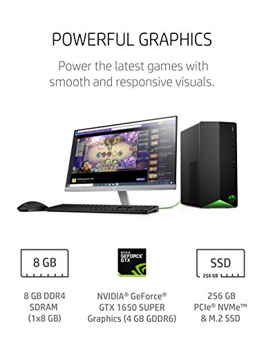 HP Pavilion Gaming Desktop, NVIDIA GeForce GTX 1650 SUPER, Intel Core i3-10100, 8 GB DDR4 RAM, 256 GB PCIe NVMe SSD, Windows 11, USB Mouse and Keyboard, Compact Tower Design (TG01-1022, 2020)