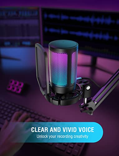 Gaming USB Microphone for PC PS5, FIFINE Condenser Mic with Quick Mute, RGB Indicator, Tripod Stand, Pop Filter, Shock Mount, Gain Control for Streaming Discord Twitch Podcasts Videos- AmpliGame