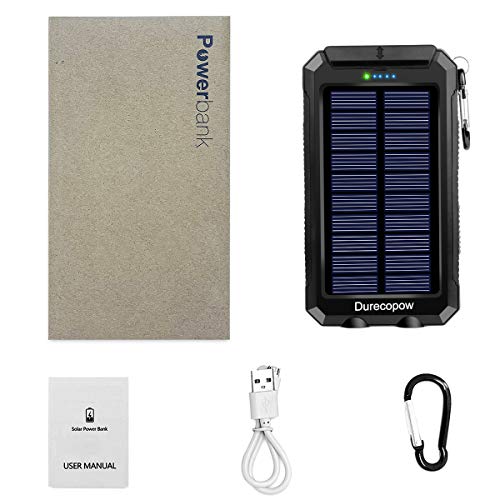 Solar Charger, Durecopow 20000mAh Portable Outdoor Waterproof Solar Power Bank, Camping External Backup Battery Pack Dual 5V USB Ports Output, 2 Led Light Flashlight with Compass (Black)