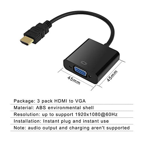 HDMI to VGA, HONGDE Gold-Plated HDMI to VGA Adapter (Male to Female) for Computer, Desktop, Laptop, PC, Monitor, Projector, HDTV, Chromebook, Raspberry Pi, Roku, Xbox and More - Black，3 Pack