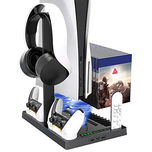 Vertical Stand with Headset Holder and Cooling Fan Base for PS5 Console & Playstation 5 Accessories, 1 Headphone Stand, 2 Controller Chargers, 15 Game Disc Slots and 1 Media Remote Organizer