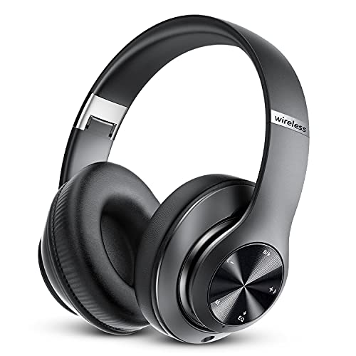 Bluetooth Headphones Over-Ear, 60 Hours Playtime Foldable Lightweight Wireless Headphones Hi-Fi Stereo with 6 EQ Modes, Bass Adjustable Headset with Built-in HD Mic, FM, SD/TF for PC/Home (Black)
