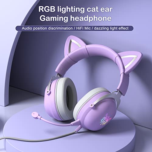 HOLULU Gaming Headset with Removable Cat Ears, Compatible with PC Mobile Phones Tablet, PS5 PS4 Xbox One(Adapter Not Included), with RGB Backlight, Removable Mic, 3.5mm & USB C Plug, Purple