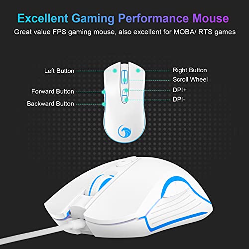 NPET S20 Wired Gaming Keyboard and Mouse Combo, LED Backlit Quiet Ergonomic Mechanical Feeling Keyboard, Gaming Mouse 6400 DPI, for Desktop, Computer, PC, White