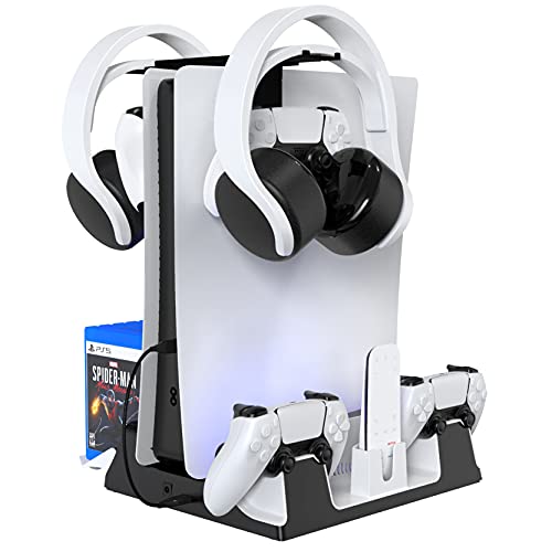 EJGAME PS5 Stand with Suction Cooling Fan and Dual Controller Charger Station Compatible with PS5 Console and PS5 Digital Edition, Built-in Headset Holder,Media Remote Stand and14 Game Rack Organizer