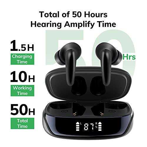 Hionec Rechargeable Hearing Aids with Noise Cancelling for Seniors, 16-Channel Digital Bluetooth Hearing Amplifier, Great for TV, Calls, and Music, 50 Hours of Use with Charging Case, App for Customized Volume and Frequency, 3 Sizes of Eartips, Comfortabl