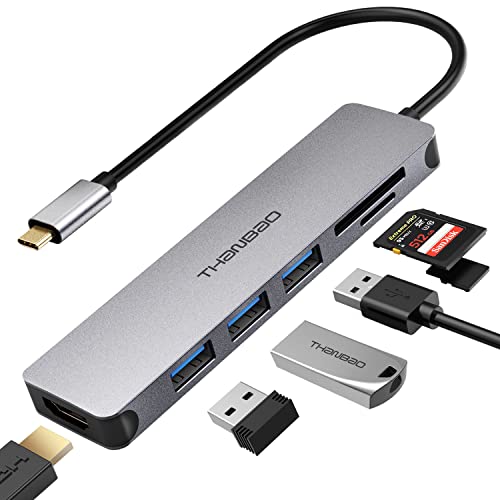 USB C Hub Multiport Adapter - 7 in 1 Portable Space Aluminum Dongle with 4K HDMI Output, 3 USB 3.0 Ports, SD/TF Card Reader Compatible for MacBook Pro, XPS More Type C Devices