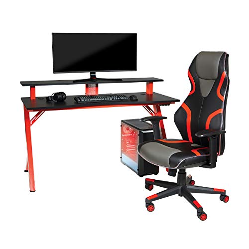 OSP Home Furnishings Rogue High-Back LED Lit Gaming Chair, Black Faux Leather with Red Trim and Accents