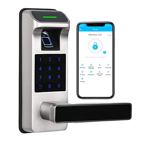 Fingerprint Door Lock, Keyless Entry Door Lock, 5 in 1 Smart Door Lock with Touchscreen Keypad, Keyless Lock with Reversible Handle, Keypad Door Lock, Electronic Digital Lock (Satin Nickel)