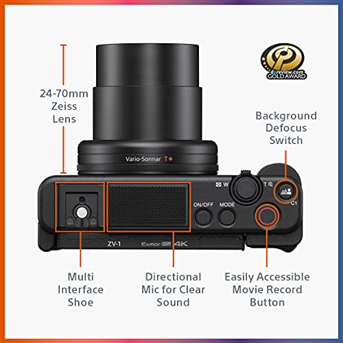 Sony ZV-1 Digital Camera for Content Creators, Vlogging and YouTube with Flip Screen, Built-in Microphone, 4K HDR Video, Touchscreen Display, Live Video Streaming, Webcam