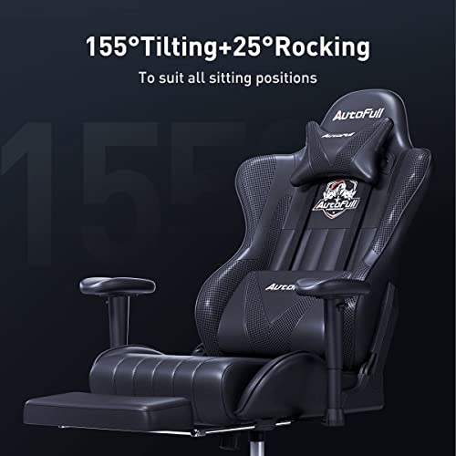 AutoFull Gaming Chair 5.1in Seat Cushion Ergonomic Gamer Chair with Lumbar Support Racing Style High Back PU Leather Computer Gaming Chair with Retractable Footrest,Black