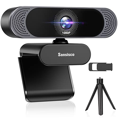 1080P Webcam with Microphone, Sansisco Web Camera Autofocus HD Webcam with Privacy Cover and Tripod, Plug and Play USB Streaming Computer Webcam No Fisheye for PC Mac Desktop Work with Zoom/Skype