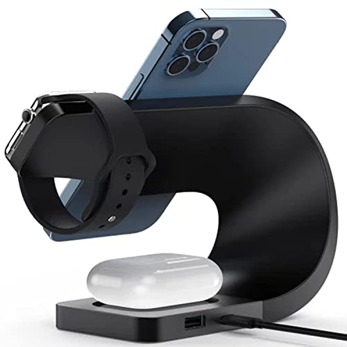 Thunderb Wireless Charger Station for iPhone 13, 12, 11, XR, XS, SE, 8, Pro Max, Pro, Smart Watch, and Airpods with Magnetic Hold and Extra USB Port (Black)