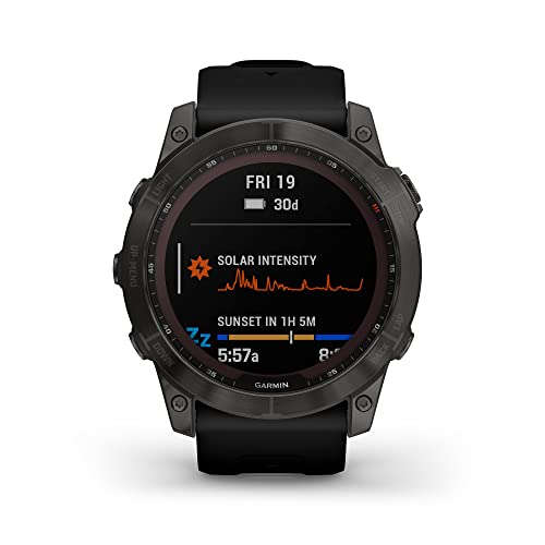 Garmin fenix 7X Sapphire Solar, Larger adventure smartwatch, with Solar Charging Capabilities, rugged outdoor watch with GPS, touchscreen, wellness features, carbon gray DLC titanium with black band