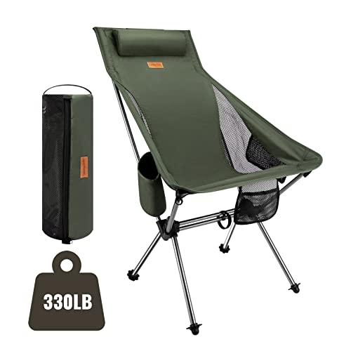 Matekxy High Back Camping Chair Lightweight Portable Folding Chair with Pillow, Side Pocket, Carry Bag for Outdoor Camping Fishing Backpacking Lawn & Beach (Army Green)