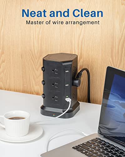 Power Strip Tower by KOOSLA, [15A 1500J] Surge Protector - 12 AC Multiple Outlets & 6 USB Ports, Flat Plug 14 AWG Heavy-Duty Extension Cord 6.5ft, Home Office Supplies, Dorm Room Essentials Black