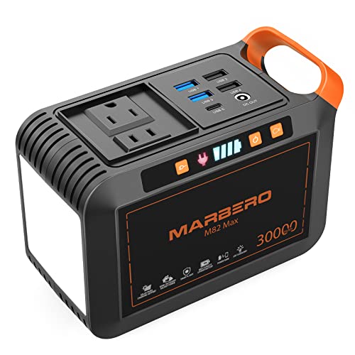 MARBERO 111Wh Portable Power Station 30000mAh Solar Power Bank Generator Lithium Battery Supply 110V/80W AC, DC, USB QC3.0, USB C, LED Flashlight for CPAP House Office Camping Emergency
