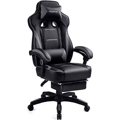 Luckracer Gaming Chair with Footrest Office Desk Chair Ergonomic Gaming Chair Pu Leather High Back Adjustable Swivel Lumbar Support Racing Style E-Sports Gamer Chairs Gray