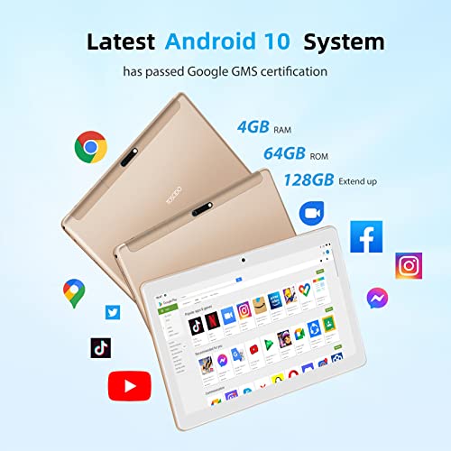 10 Inch Tablet 8 Core - TOSCIDO Android 10.0 Ultra-Fast,4GB RAM 64GB ROM,72 Hours Long Standby,WiFi Support/Bluetooth/Keyboard/Mouse/Tablet Cover and More Include - Golden