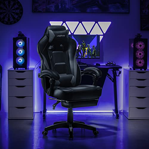 Luckracer Gaming Chair with Footrest Office Desk Chair Ergonomic Gaming Chair Pu Leather High Back Adjustable Swivel Lumbar Support Racing Style E-Sports Gamer Chairs Gray