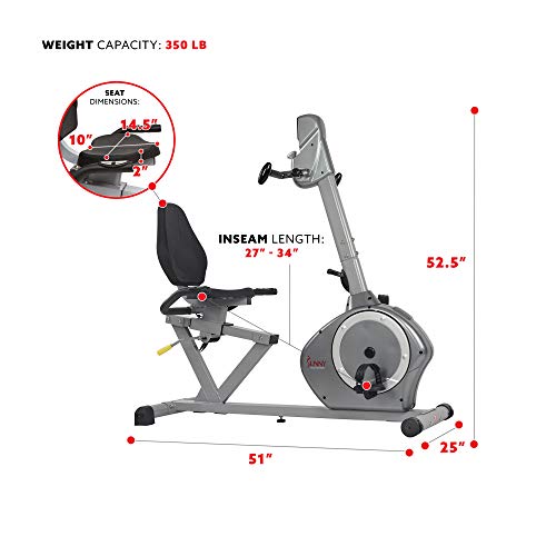 Sunny Health & Fitness Recumbent Bike SF-RB4631 with Arm Exerciser, 350lb,Gray