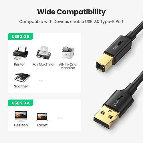 UGREEN USB Printer Cable - USB A to B Cable, 2.0 USB B Cable High-Speed Printer Cord Compatible with Hp, Canon, Brother, Samsung, Dell, Epson, Lexmark, Xerox, Piano, Dac, and More 5 FT