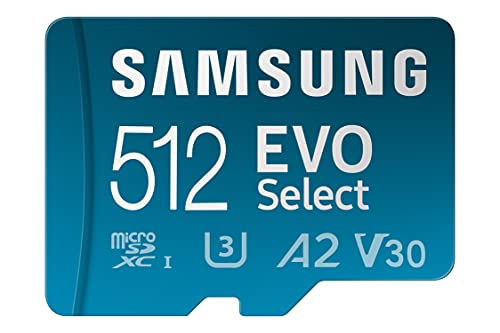 SAMSUNG EVO Select Micro SD-Memory-Card + Adapter, 512GB microSDXC 130MB/s Full HD & 4K UHD, UHS-I, U3, A2, V30, Expanded Storage for Android Smartphones, Tablets, Nintendo-Switch (MB-ME512KA/AM)